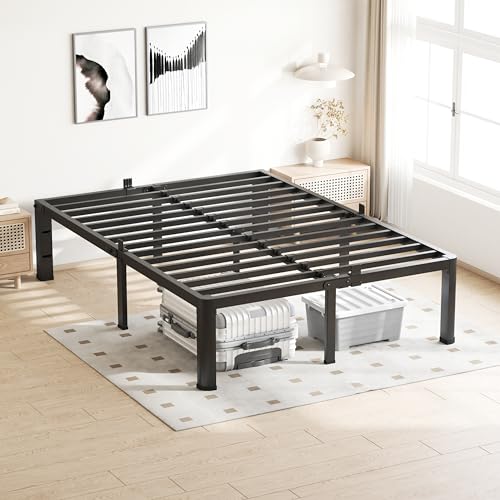 VIPSHOW 20 Inch Queen Bed Frame with Round Corners No Box Spring Needed | 3500lbs Heavy Duty, Under bed storage, 4 mattress stoppers, Headboard holes, Noise-free, Easy assembly & rubber covers - size: Queen, style: 20 Inch