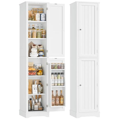71" Tall Narrow Storage Cabinet with Reversible Doors, Small Pantry, White | Slim Kitchen Pantry with Adjustable Shelves, Spice Rack, Modern Narrow Cabinet for Bathroom, Living Room, Entryway