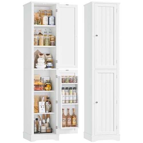 71" Tall Narrow Storage Cabinet with Reversible Doors, Small Pantry, White | Slim Kitchen Pantry with Adjustable Shelves, Spice Rack, Modern Narrow Cabinet for Bathroom, Living Room, Entryway