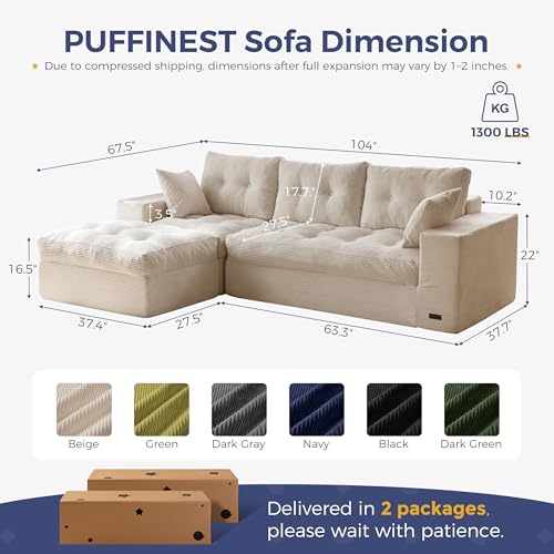 MAXYOYO Boneless Couch, 104-Inch L-Shaped Cloud Couch with Ottoman | Beige Upholstered Sofa Features Layered Cushions and Flexible Modules with No Assembly, Ideal for Modern Living Rooms. - color: Beige, size: 104" L Shape