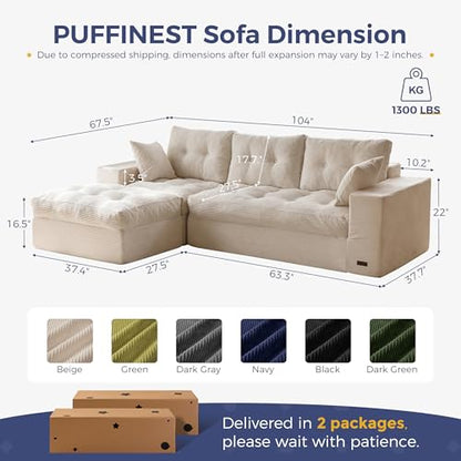 MAXYOYO Boneless Couch, 104-Inch L-Shaped Cloud Couch with Ottoman | Beige Upholstered Sofa Features Layered Cushions and Flexible Modules with No Assembly, Ideal for Modern Living Rooms. - color: Beige, size: 104" L Shape