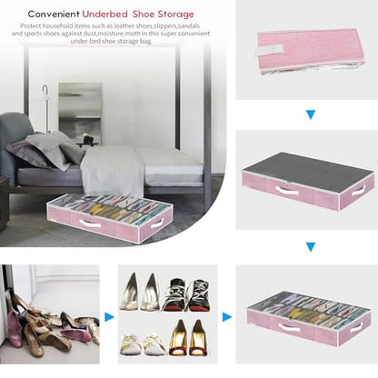 Onlyeasy Large Under Bed Shoe Organizer Container Box, Set of 2, Fit 16 to 32 Pairs of shoes, Underbed Shoes Closet Storage Solution, L37.7x W23.6x H5.9 inch, Cotton-like Pink, MXPUBS16P2 - color: 2 Shoes (16+16 Cells) Cotton-like Pink