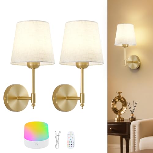 Gold Battery Operated Wall Sconces,Rechargeable Wireless Wall Lights with Lampshade,5200mAh Dimmable RGB Bulbs and Remote,15 Colors Cordless Wall Lamps for Bedroom,Living Room,Hallway Decor - color: Gold