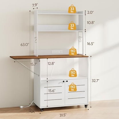 Bakers Rack with Power Outlet and Storage, 5-Tier Microwave Stand | Farmhouse Kitchen Hutch with Cabinet and Wheels, Coffee Bar with Foldable Side Table, Storage Shelves, 6 Hooks, White - color: White