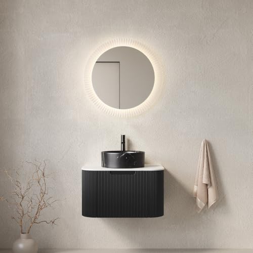 24" Floating Bathroom Vanity with Sink, Wall Mounted Plywood Cabinet, Black Fluted Front, Sintered Stone Countertop, Black Marble-Look Round Ceramic Vessel Sink, Soft-Close Drawer, Pre-Assembled - color: Black Cabinet / Black Marble Sink, size: 24 Inch