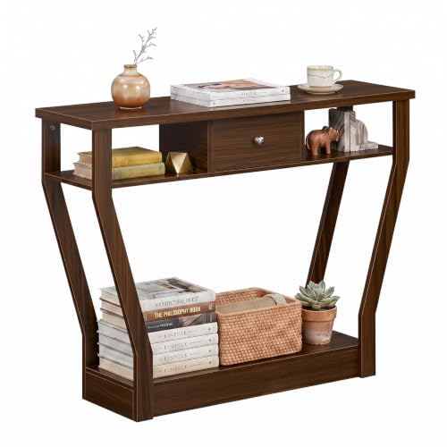 GIANTEX 43" Modern Console Table with Drawer & Storage Shelf, Walnut | Narrow Entryway Table w/ Geometric Angled-Leg Design, Mid-Century Behind Couch Sofa Table for Living Room, Hallway, Entrance - color: Walnut
