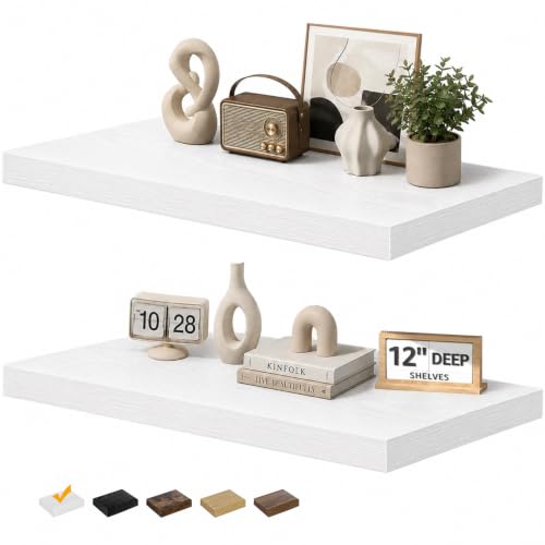 RICHER HOUSE 12" Deep Floating Shelves, 24x12 Inch Long White Wall Shelf | Rustic Wood Wall Mounted Shelves, Wide Bookshelf with Invisible Bracket, Wall Decor Bathroom Bedroom Living Room Kitchen - color: White, size: 24in