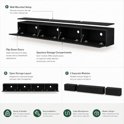 Floating TV Stand Wall Mounted 110 in Media Console Cabinet, Black - color: Black-e