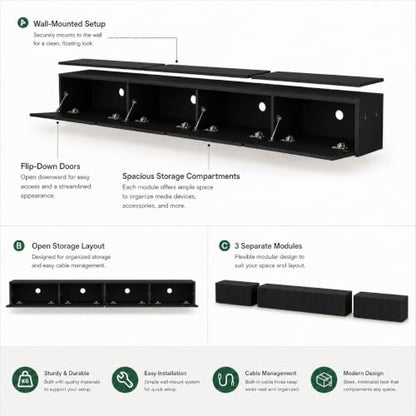 Floating TV Stand Wall Mounted 110 in Media Console Cabinet, Black - color: Black-e