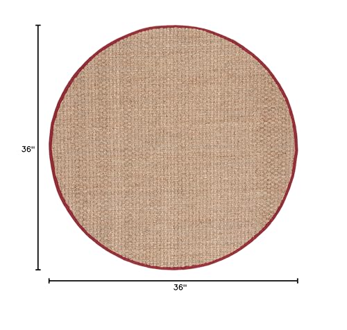 SAFAVIEH Area Rug 3' Round - Natural Fiber Collection - Natural & Red, Seagrass, Basketweave Pattern with Border (NF114D) - color: Natural/Burgundy Red, size: 3' (Round)