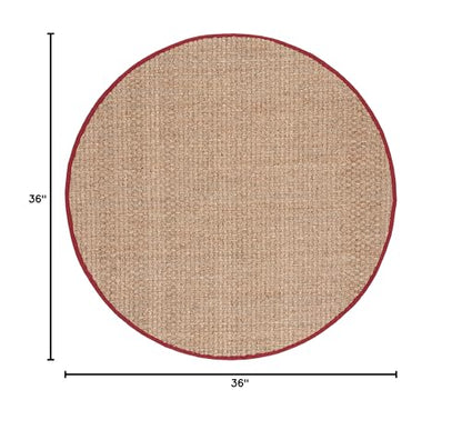 SAFAVIEH Area Rug 3' Round - Natural Fiber Collection - Natural & Red, Seagrass, Basketweave Pattern with Border (NF114D) - color: Natural/Burgundy Red, size: 3' (Round)