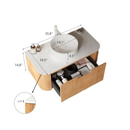 36” Floating Bathroom Vanity with Sink, Fluted Wall-Mounted Solid Wood Cabinet, White Ceramic Round Basin, Faux Marble Top, Soft-Close Drawer, Pre-Assembled, Natural Woodgrain - color: 02 - Natural Woodgrain, size: 36"