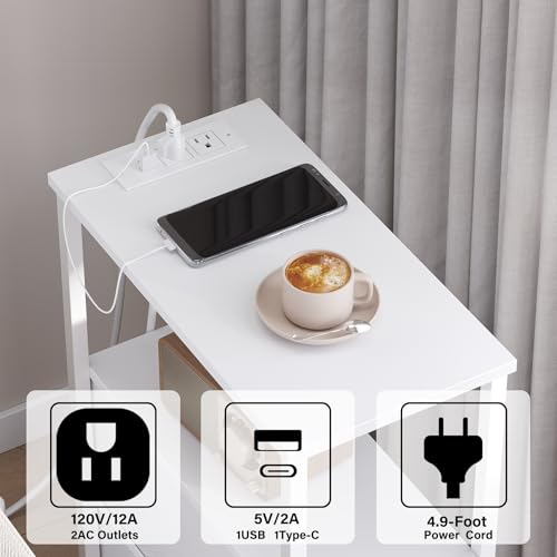 TUTOTAK Small Narrow LED End Table with Charging Station, Set of 2 | Side Table with Outlets, Nightstand with Cloth Drawer, Couch Table for Living Room, Bedroom, White TB01BW059 - color: White, style: 1 Drawer with Plug & Light