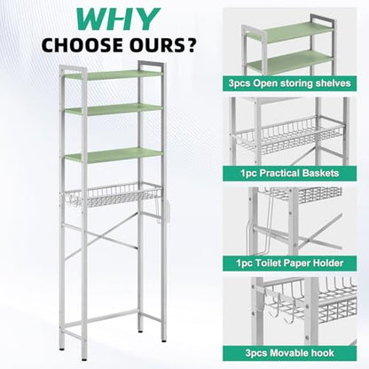 Kalrin Over-The-Toilet Storage Rack, 4-Tier Bathroom Organizer Shelf Over Toilet with Adjustable Shelf and Basket, Freestanding Space Saver Bathroom Shelves Above Toilet for Room (Avocado Green) - color: Whit- Green