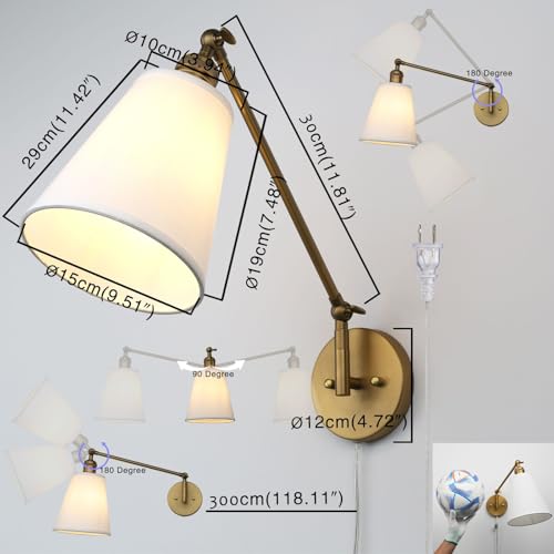 Retro Swing Arm Wall Sconce Plug in Wall Lamp Single Sconce Light Fixture with White Fabric Shade for Bedroom Living Room Home Office - color: Antique Gold