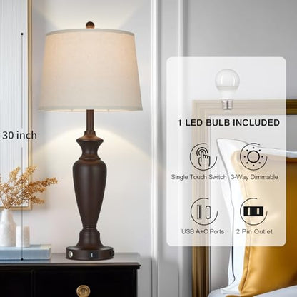 Cinyirong 30" Tall Brown Table Lamp for Living Room, 3-Way Dimmable Touch Control Bedside Lamp for Bedroom Nightstand with USB A+C Ports & AC Outlet (1 Pack) - color: Brown (1 Pack)
