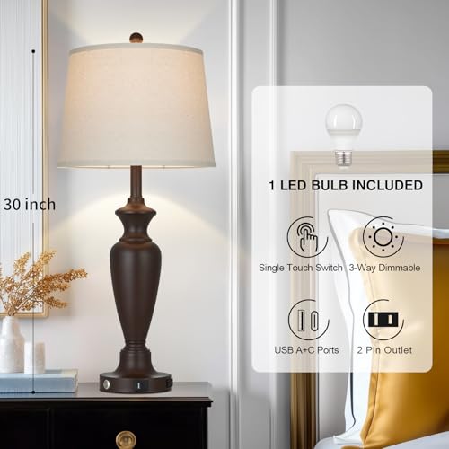 Cinyirong 30" Tall Brown Table Lamp for Living Room, 3-Way Dimmable Touch Control Bedside Lamp for Bedroom Nightstand with USB A+C Ports & AC Outlet (1 Pack) - color: Brown (1 Pack)