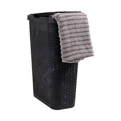 Mind Reader Slim Laundry Hamper with Lid, 40L Clothes Basket, Narrow Tapered Design with Ventilated Cutout Pattern, Plastic, Black - color: Black, size: Single