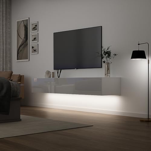 Floating TV Stand with LED for TVs up to 70", High Gloss Wall Mounted Entertainment Center for Living Room, White Modern Wood Media Console for Bedroom - size: 63"W x 14"D x 10"H