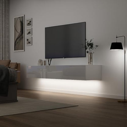 Floating TV Stand with LED for TVs up to 70", High Gloss Wall Mounted Entertainment Center for Living Room, White Modern Wood Media Console for Bedroom - size: 63"W x 14"D x 10"H
