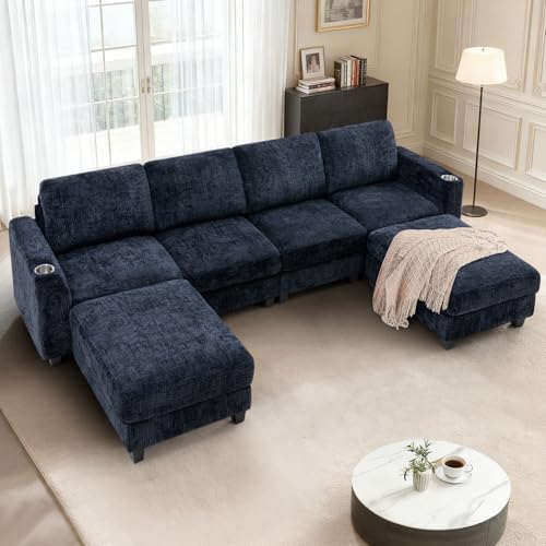 110" Convertible U-Shape Couch with 2 Flexible Ottomans, Blue | Soft Sectional Sofa with Durable Cup Holders, Chenille 4 Seater Sofa with Well-Filled Backrest for Living Room, House - color: Blue, size: 110" U-Shape