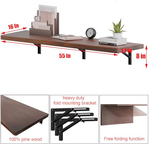IAE Wall Mounted Folding Table with Pine Wood,55" x 16"Floating Wall Desk | Laundry Folding Table with Shelf Brackets,Fold Down Desk Shelf,Fold Workbench for Apartments,Home,Laundry Room,Kitchen,Brown - color: Brown, size: 55*16* 8 Inch