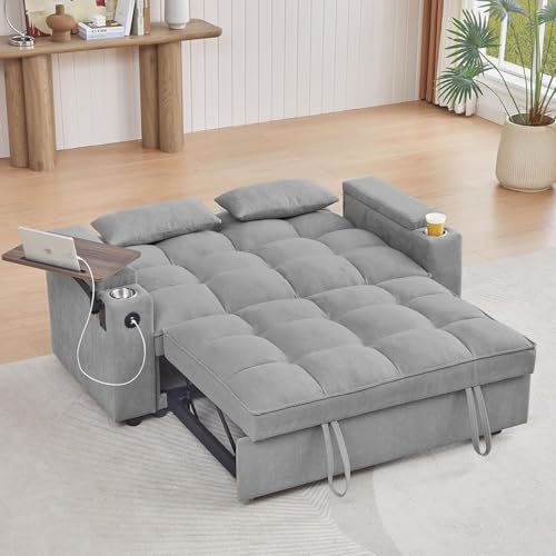 65" 3-in-1 Sofa Bed, Pull Out Sleeper Sofa with 360° Swivel Side Table, Storage Armrests, Cup Holders & USB Charging Ports, Chenille Convertible Couch for Living Room - color: 1107-light Gray-