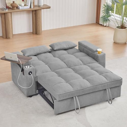 65" 3-in-1 Sofa Bed, Pull Out Sleeper Sofa with 360° Swivel Side Table, Storage Armrests, Cup Holders & USB Charging Ports, Chenille Convertible Couch for Living Room - color: 1107-light Gray-