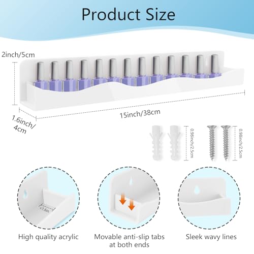 Nail Polish Wall Rack, 6-Shelf 15-Inch White Acrylic Nail Polish Shelves with Removable Ends – Multi-Purpose Shelf for Essential Oils, Cosmetics Storage and Display for Salons and Bathrooms - color: White