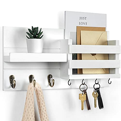 Lwenki Mail Organizer for Wall Mount – Key Holder with Shelf Includes Letter Holder and Hooks for Coats, Dog Leashes – Rustic Wood with Flush Mounting Hardware (16.5” x 8.7” x 3.5”) - color: White