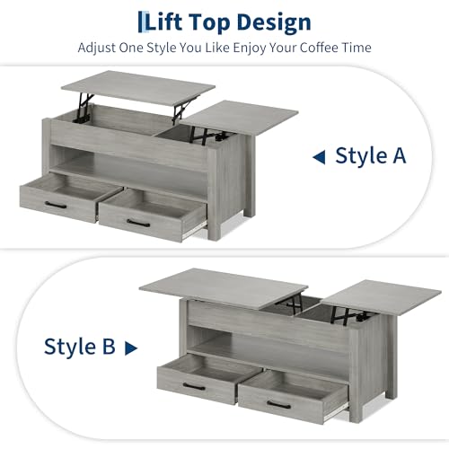 Multifunctional Lift Top Coffee Table, Convertible Wooden Coffee Table with 2 Drawers & Hidden Compartment, Storage Center Table for Living Room Home Office,Grey - color: Grey