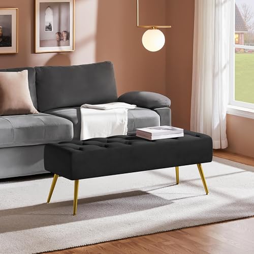 Yaheetech 45in Upholstered Velvet Ottoman Bench Seat with Gold Legs, Black | Tufted Upholstered Bench Seat, Bed Bench with Tapered Gold Metal Legs, Sized for Window Seat Entryway Living Room - color: Black