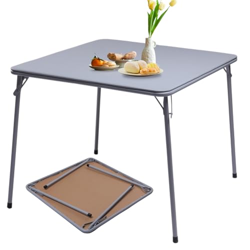 FurnitureR Square Folding Card Table 34 Inch, No Assembly Portable Table for Game Nights, Small Space Dining & Indoor Outdoor Use, PVC Top with Metal Frame, Grey - color: Grey, size: 33.9" Square Table
