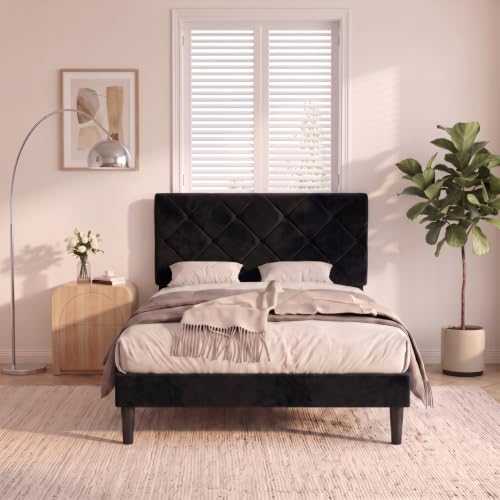 Twin Size Bed Frame with Adjustable Diamond Headboard,Velvet Fabric Upholstered Platform Bed,No Box Spring Needed, Easy Assembly, Noise Free, 600 lbs Capacity, Under Bed Storage for Small Space,Black - color: Black-1