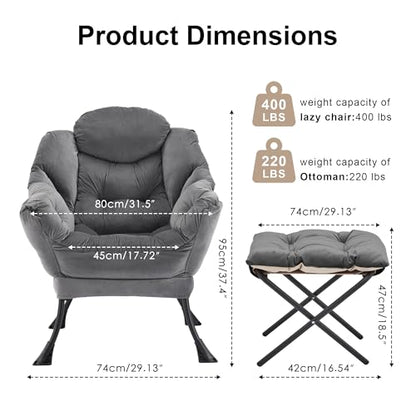 Lazy Chair with Ottoman, Modern Accent Lounge Chair with Side Pocket and Armrests, Cozy Reading Armchair with Footrest, Upholstered Sofa Chair for Small Spaces, Bedroom Living Room, Dark Grey - color: Dark Grey
