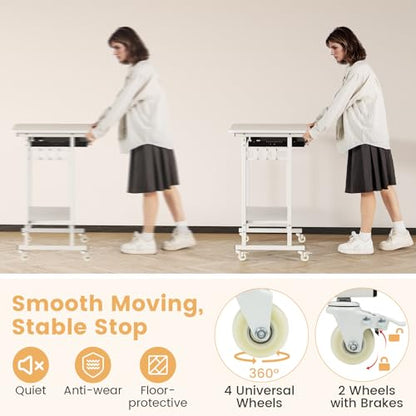 GIANTEX Rolling Computer Desk, Mobile Portable Desk with Keyboard Tray & Wheels, Laptop PC Table Cart with Shelf & Hooks, Industrial Small Desk for Small Spaces, Home Office, Bedroom, White - color: White
