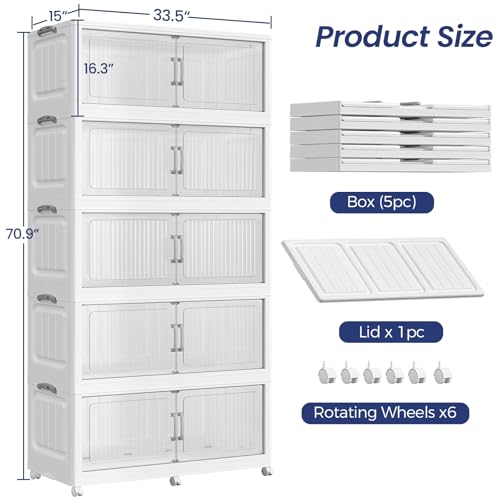 250Gal Extra Large Stackable Storage Bins with Lid, 1000QT Foldable Collapsible Storage Box with Doors and Wheels, Plastic Closet Organizers Container Drawer for Bedroom Dorm Kitchen, 5Pack - size: 50Gal-5Pack