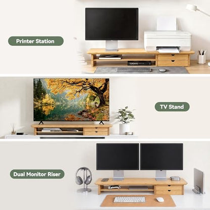 Bamboo Dual Monitor Stand, Natural Desk Shelf with Storage | 39.3 inch Monitor Riser with 2 Drawers, Desk Stand with Cable Management for Home Office, Printer, Laptop