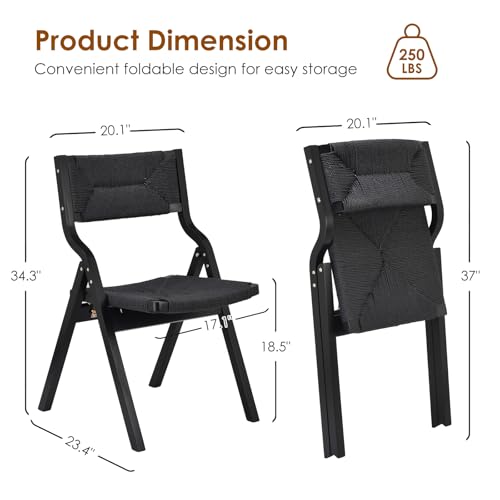 Wood Folding Chairs, Foldable Chairs Wooden Indoor Stackable Dining Chairs for Kitchen & Dining Room Chair Woven Seat & Webbing Back, Dining Chair Set of 2 - color: Black/Black, Woven Rope