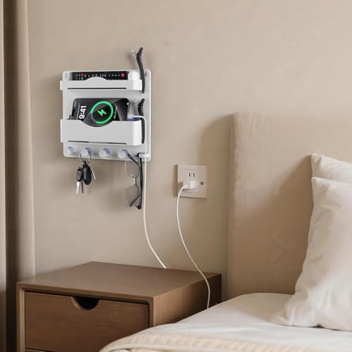 Bedside Wall Shelf with Glasses Hooks, Adhesive Bedside Organizer Wall Mount for Dorm and Room Accessories Phone，Remote，Earphone， Kindle (White) - color: White
