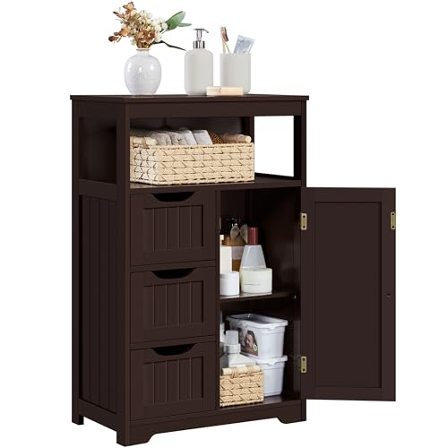 Yaheetech Freestanding Bathroom Storage Cabinet with 3 Drawers, Espresso | Slim Floor Cabinet Organizer for Bathroom, Living Room or Entryway, Beadboard Fronts, an Open Cubby, Adjustable MDF Shelf - color: Espresso, size: 12"D x 22"W x 34"H