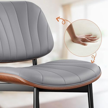YaFiti Mid Century Dining Chairs Set of 2 with Walnut Bentwood, Gray | Ergonomic Walnut Backrest, Upholstered Waterproof PU Leather Seat, Stable Metal Legs, Adjustable Footpads, Apartment Friendly - color: Gray Scallop