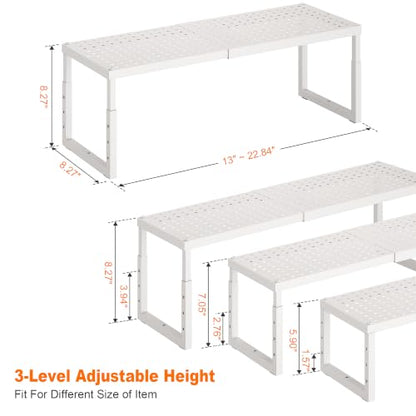 Shelf Organizer Riser For Cabinet Pantry Kitchen Countertop Cupbaord Closet | Expandable Width, Adjustable Height, Stackable As 2-Tier Shelf Rack, Snap-Button: Easily Adjust Height, Heavy Duty Metal - color: White-1 Pack