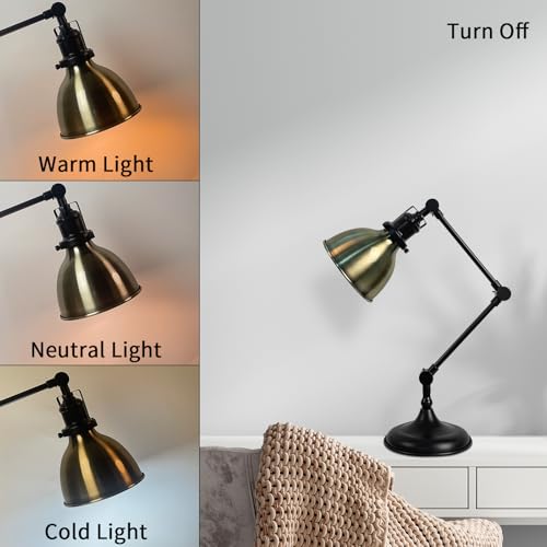 Desk Lamp for Home Office, Desk Light with Adjustable Multi-Joint Metal Swing Arms Table Lamp, Industrial Table Light for for Home Office, Work, Study, Reading, E26 Base (Antique Brass)