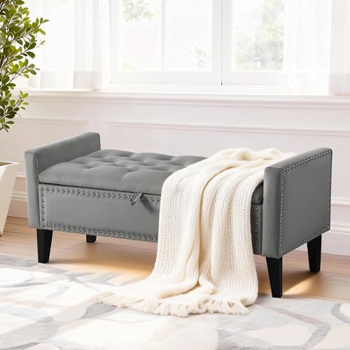 47in Velvet Storage Ottoman Bench with Arms, Upholstered Storage Bench with Wooden Legs, Storage Bench for Bedroom, Living Room, Dark Grey - color: Dark Grey