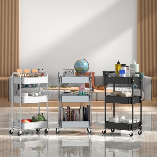 MAX Houser 3-Tier Rolling Utility Cart with Caster Wheels,Easy Assembly, for Kitchen, Bathroom (White) (Pack of 3) - color: White, size: 3-Tier Standard Cart (Pack of 3)