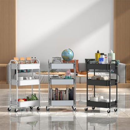 MAX Houser 3-Tier Rolling Utility Cart with Caster Wheels,Easy Assembly, for Kitchen, Bathroom (White) (Pack of 3) - color: White, size: 3-Tier Standard Cart (Pack of 3)