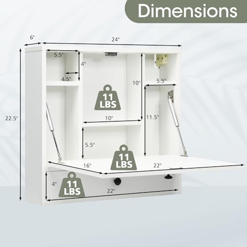 Tangkula Folding Wall Table - Floating Desk with Storage Drawer & Shelves (White) - color: White