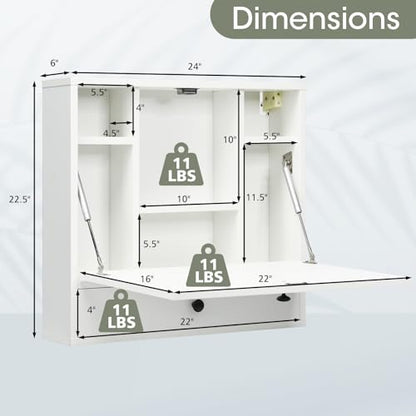 Tangkula Folding Wall Table - Floating Desk with Storage Drawer & Shelves (White) - color: White