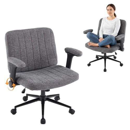 VINGLI Criss Cross Chair with Adjustable Flip-Up Arms,Cross Legged Chair with Wheels,Extra Wide Office Chair,Desk Chair for Home Office,Vanity,Bedroom, Apartment,Starry Chenille,Dark Grey - color: Dark Grey